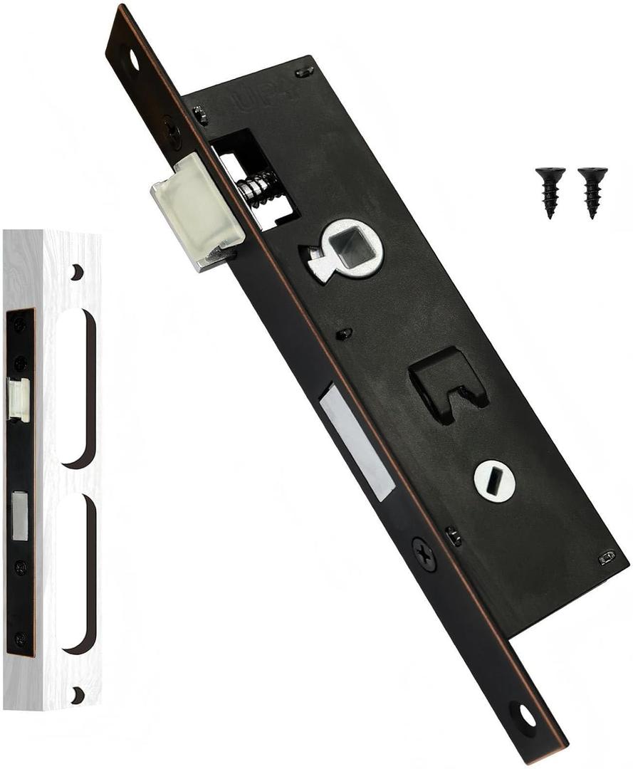 Flat Slot Storm Door Mortise Lock Body Without Handle Fits Older Storm Door Handle Replacement Parts, 5/16" Square Spindle Hub, Black 2-1/2" Handle PZ, 7/8" Backset, 7" Faceplate H.C.