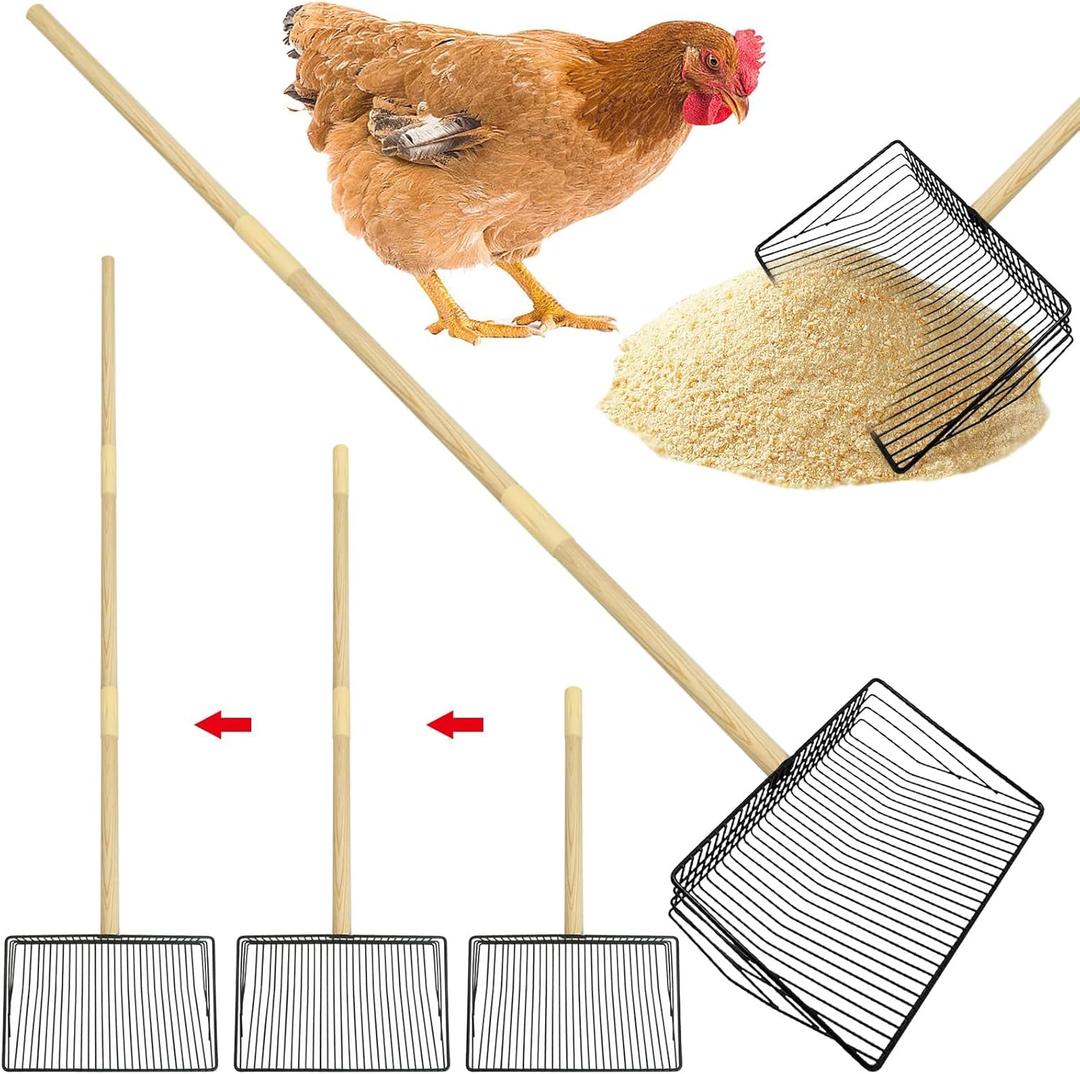 PINVNBY Stainless Steel Chicken Poop Scooper 3 in 1 Adjustable Wooden Handle Poop Scooper for Chicken(18.1" to 42.1")Multifunctional Chicken Coop Cleaning Tools Sifting Shovel Chicken Coop Accessories