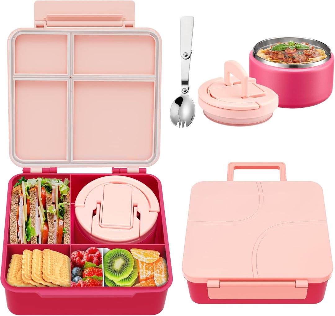 Bento Lunch Box for Kids with 8oz Soup Thermo,Kids Leakproof Lunch Food Containers with 4 Compartment,Kid Insulated Thermo Hot Food Jar for School,Trvael-Pink