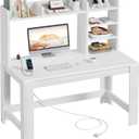 WINAZ 43" White Student Desk with Hutch and Built-in Power Outlet, 42.5"