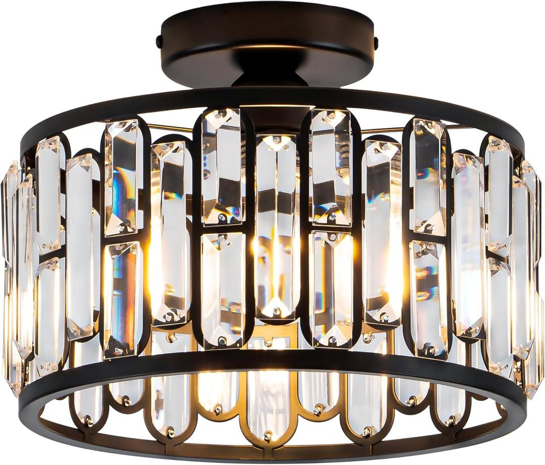 Crystal Ceiling Light Fixture - Modern Semi Flush Mount Chandelier with Crystals for Bathroom Bedroom Entryway Hallway Closet 1 Light 11.6" Diameter