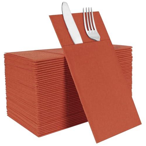 IYLLLWLY Terracotta Paper Napkins Disposable, Dinner Napkins with Built-in Flatware Pocket, Prefolded for Knives and forks Linen-Feel Hand Napkins for Parties, Weddings, Events, 50 Pack