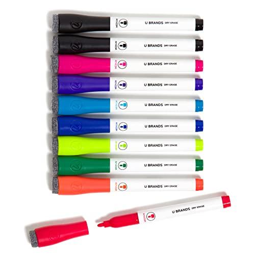 U Brands Fine Tip Dry Erase Markers with Eraser, Low Odor Whiteboard Markers Fine Tip, Assorted Bright Colors, Set of 10 2Pack