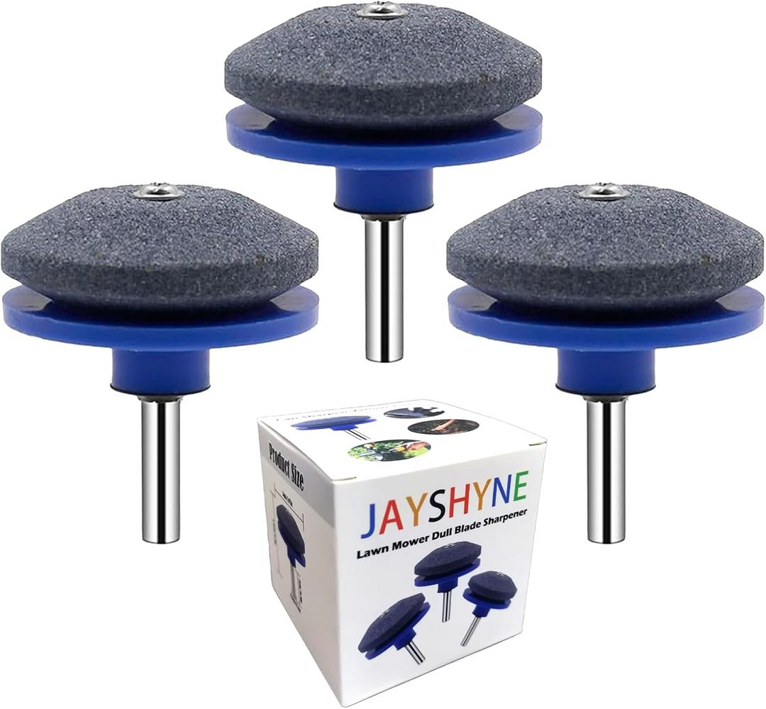 Lawnmower Dull Blade Sharpener, 3 Pcs Mower Sharpening Stone Wheel Kit, Universal Garden Tool Grindstone and Knife Edge Whetstone for Any Power Hand Drills