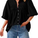 PRETTYGARDEN Women's 2026 Summer Short Lantern Sleeve Tops Loose Fit Button Down Shirt Pleated V Neck Blouses Trendy Clothes M