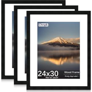 24X30 Poster Frame, Display Pictures 18X24 with Mat or 24X30 Without, Wall Hanging Frames, Black, 3 Pack