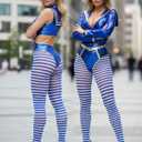 ToBeInStyle Women's Thin Horizontal Stripe Opaque Tights Pantyhose - Regular or Plus (Royalblue/White)