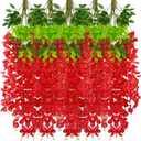 24 Pack Red Wisteria Hanging Flowers Garland, 3.77 Feet Artificial Flower Vines, Fake Wisteria, Artificial Vines Hanging Garland for Backdrop Outdoor Yard Garden Decor