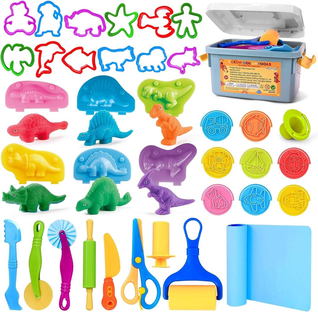 VConejo Dough Tools Play Sets for Kids, 37pcs Clay and Dough Accessories with Storage Container, Mat, Cutters, Rolling Pins, Safety Scissors, Stamps, Animal and 3D Dino Makers for Boys Girls