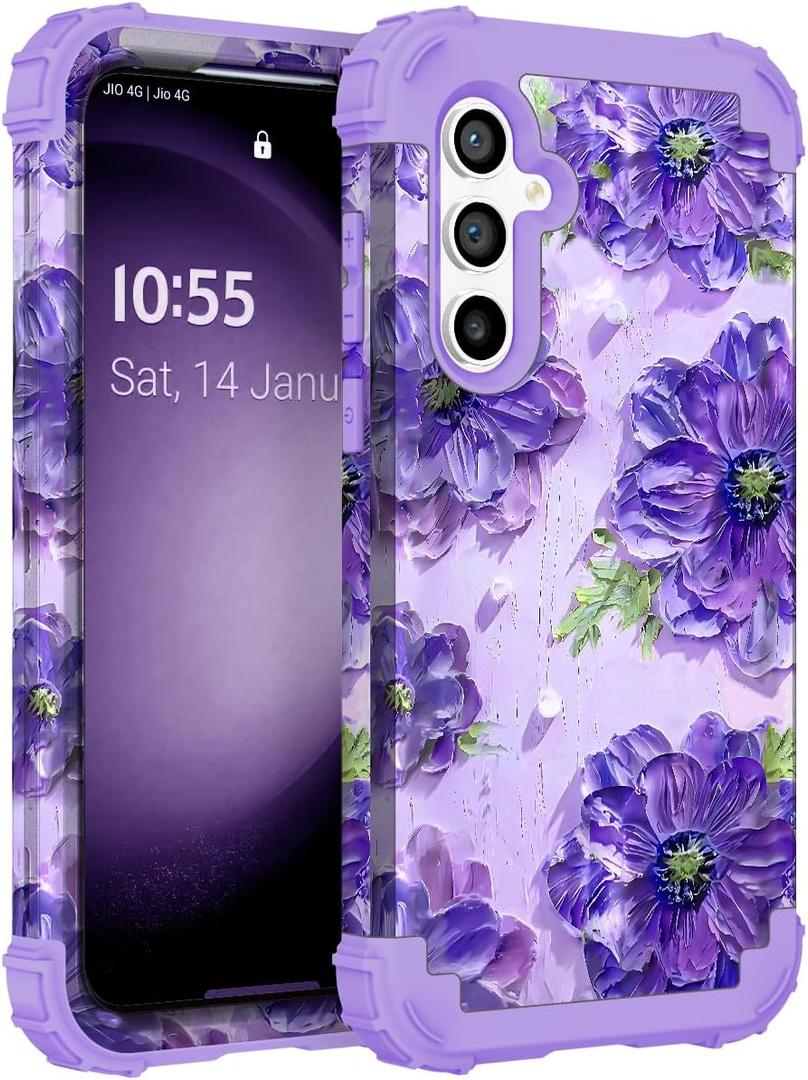 for Galaxy S24 Case,3 in 1 Oil Painting Flower Pattern Heavy Duty Shockproof Protection Silicone Rubber Bumper+Hard Plastic Hybrid Protective Cover for Samsung S24 6.2",Purple