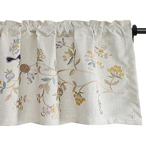 VOGOL Floral Embroidered Pattern Kitchen Valances for Windows, Linen Rod Pocket Curtains Valance for Living Room, 52 Inch Wide by 18 Inch Long, One Panel