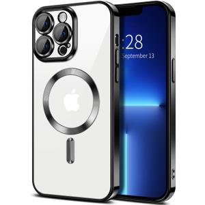 Hython Magnetic Clear for iPhone 13 Pro Max Case with Camera Lens Protector [Compatible with MagSafe] Plating Edge Slim Soft TPU Cover Protective Phone Case for iPhone 13 Pro Max 6.7", Black
