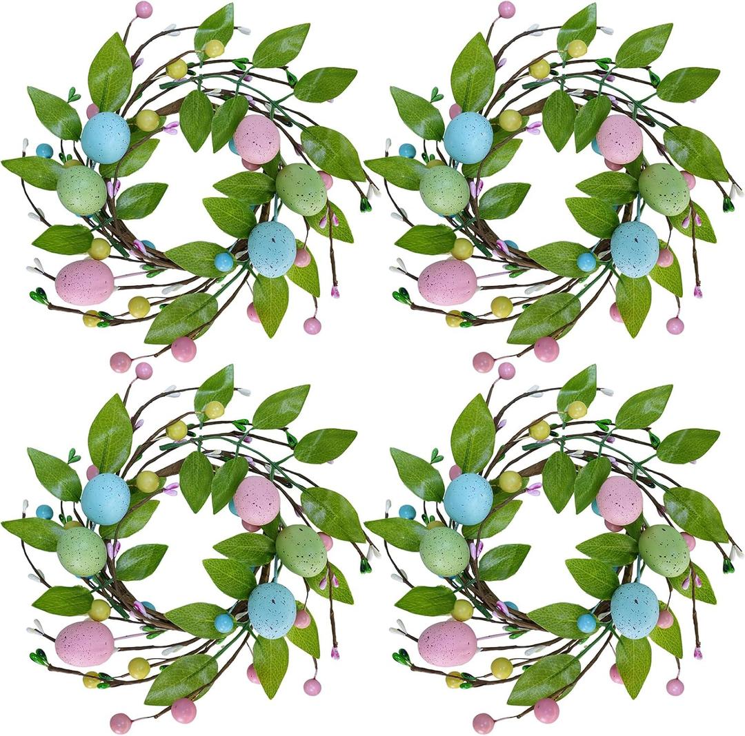 Winlyn 4 Pcs Easter Egg Candle Rings Wreaths Spring Artificial Foliage Berry and Egg Wreath Pastel Easter Eggs Candle Holder Rings 11" for Easter Holiday Springtime Decor Front Door Table Centerpiece