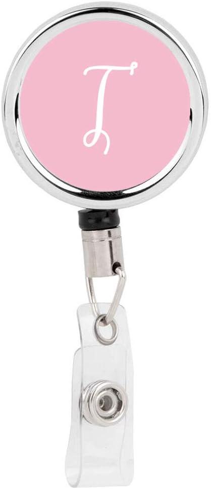 Andaz Press Retractable Badge Reel Holder with Clip, Heavy Duty Metal Name Tag Retractable ID Key Belt Clip Pink Letter Monogram, Floral Monogram T