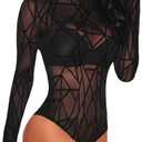 Lrady Women's Sheer Mesh Turtleneck Neck See Through Leotard Bodysuit Body Tops (XX-Large, Black-2)