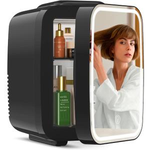 Iceblue 6L Mini Fridge with Mirror, Compact Small Fridge for Bedroom, Car, Office & Dorm, Mini skincare fridge with Dimmable LED Light Mirror for Beauty Essentials & Beverages (Black)
