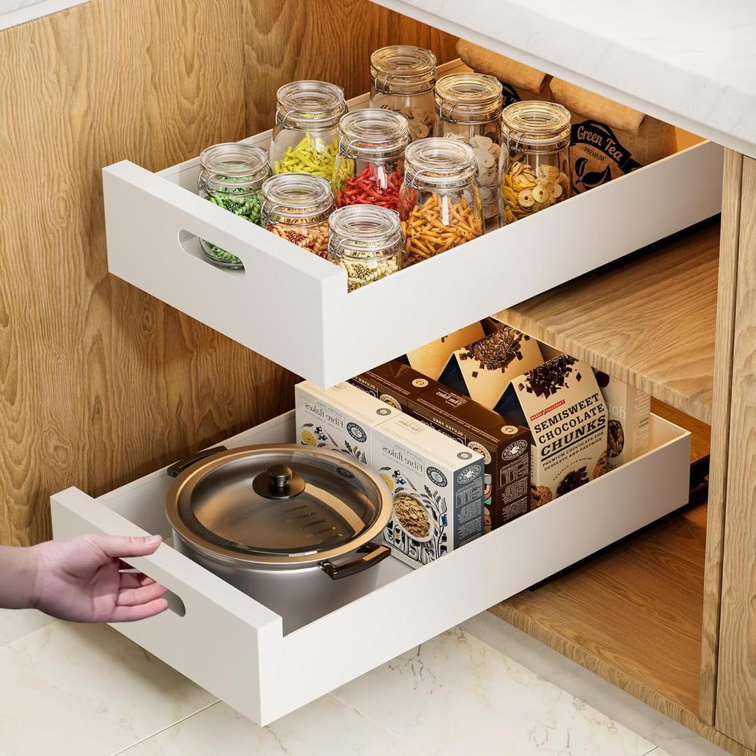 HBL' 2 Pack | 21" Deep Pull Out Cabinet Organizer Adhesive, 10-Inch Wide Sturdy Carbon Steel Roll-Out Drawers, Designed for Frameless Cabinets, Slide-Out Shelves for Pantry.