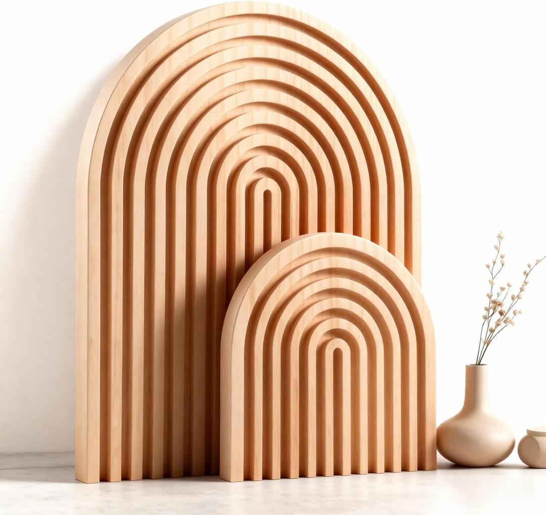 2 Pcs Natural Wood Arch Decor, Boho Shelf & Serving Board for Fireplace Mantel, Kitchen Counter - Light Pine Finish, Scandinavian & Japandi Style Aesthetic Accents for Living Room, Home Office
