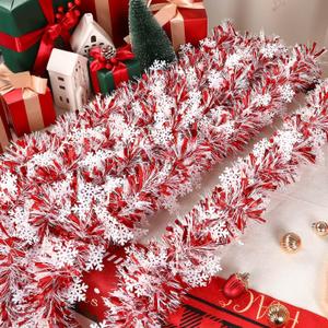 Alupssuc 8 Pieces Total 66 FT Christmas Tinsel Garland with Snowflakes Sequins, Metallic Shiny Twist Garland Hanging Decorations for Christmas Party Indoor and Outdoor Decor, Red and White