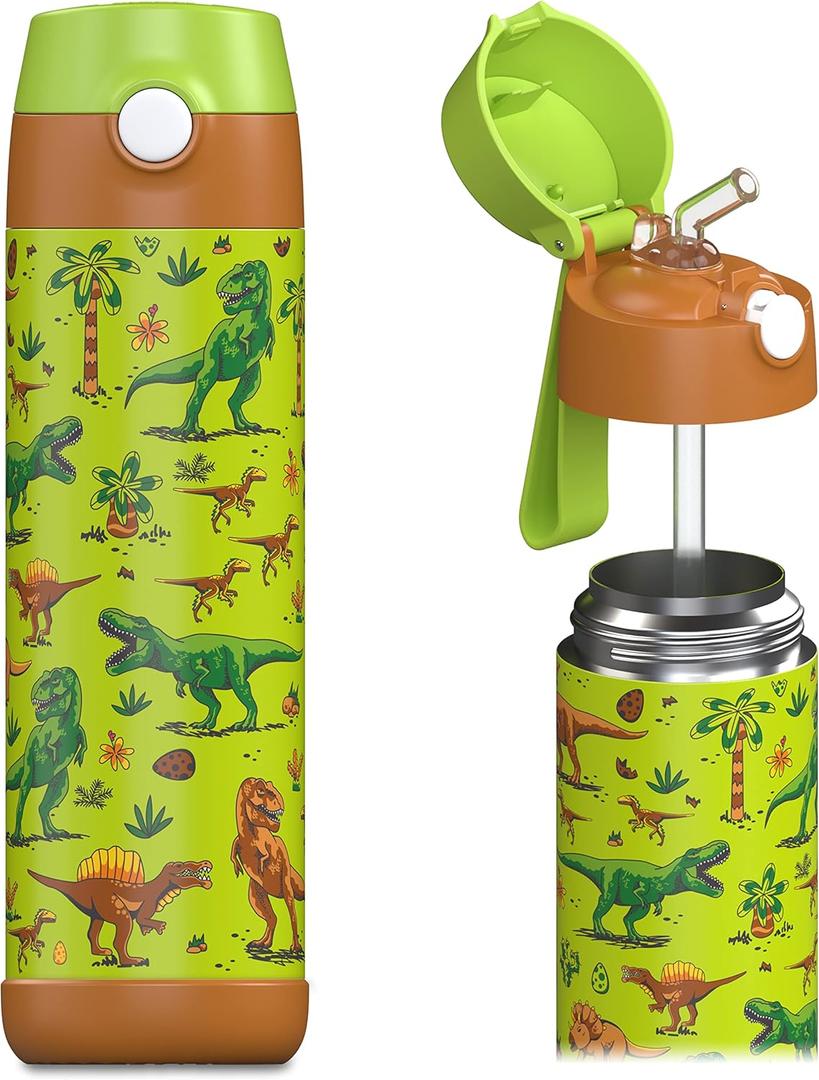 Jarlson Kids Water Bottle CHARLI [18OZ] - Stainless Steel Thermo Bottle with Straw - Insulated, Spill Proof Waterbottle for School & Sports - Thermo Tumbler for Boys & Girls (Dinosaur)