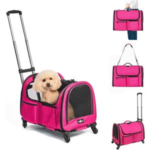 Large Pet Carrier with Wheels, Foldable Rolling Dog Carrier with Big Pocket, Cat Rolling Bag 21"x13"x13" for 2 Cats &Dogs, for Travel, Outdoor, Vet Visits, Camping, Indoor.Pink. (Not for Airline)