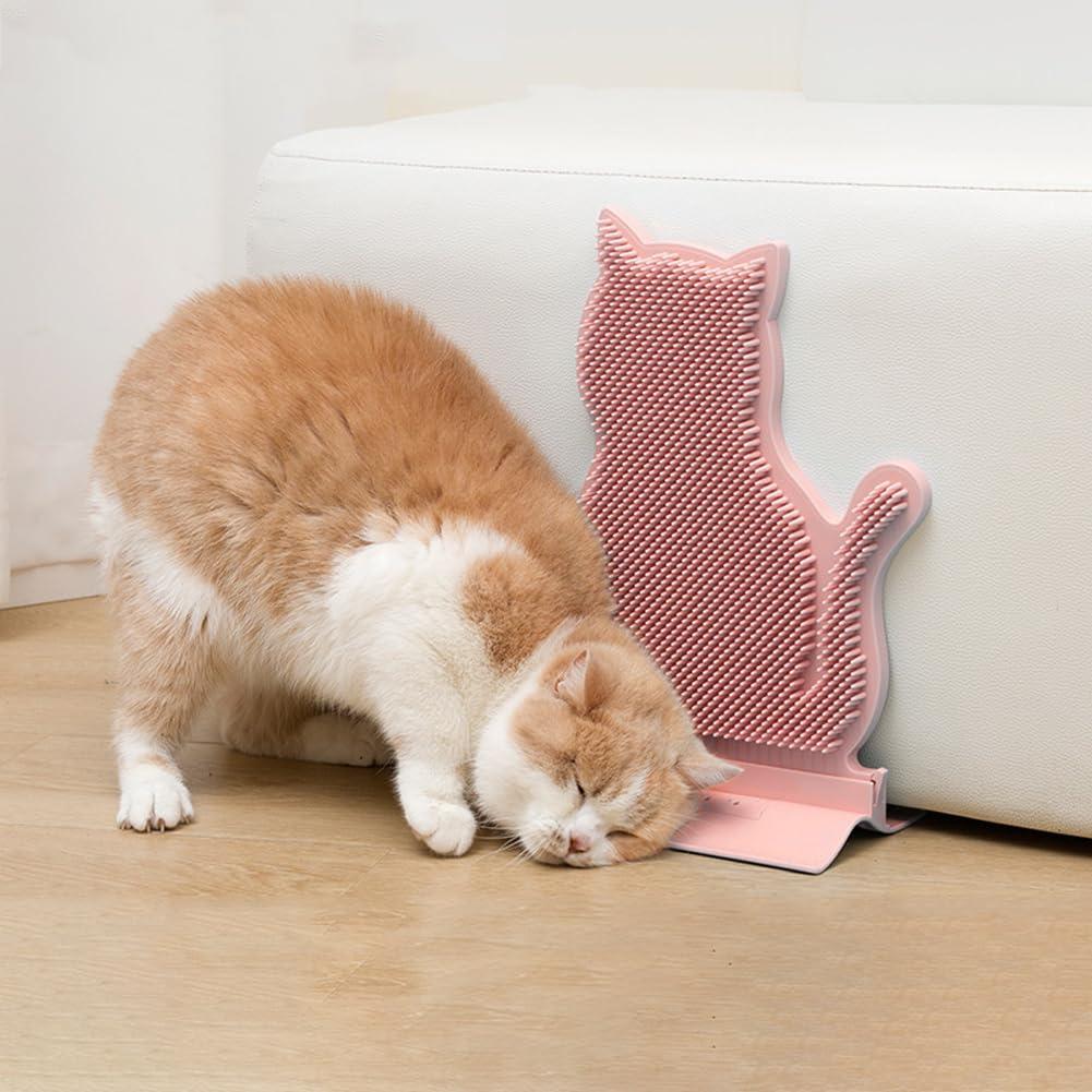 Cat Self Grooming Comb Brush with Catnip Wall Corner Groomer Brush Cats Face Scratchers for Indoor Dogs Fur Pets, Pink