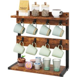 IBUYKE Rustic Coffee Mug Holder Stand, 2 Tier Countertop Mug Tree Holder Rack with Storage Base, Vintage Mug Holders for Kitchen, Holds 8 Mugs, Rustic Brown UTBJ002H 