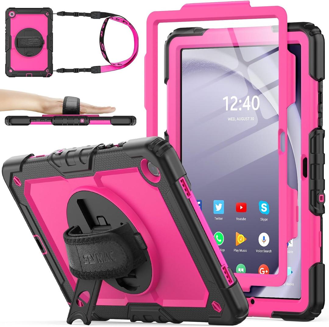 SEYMAC stock Case for Samsung Galaxy Tab A9+ Plus 11'', Full-Body Drop Protection Case with Screen Protector Pencil Holder [360 Rotating Hand Strap] &Stand, Pink+Black