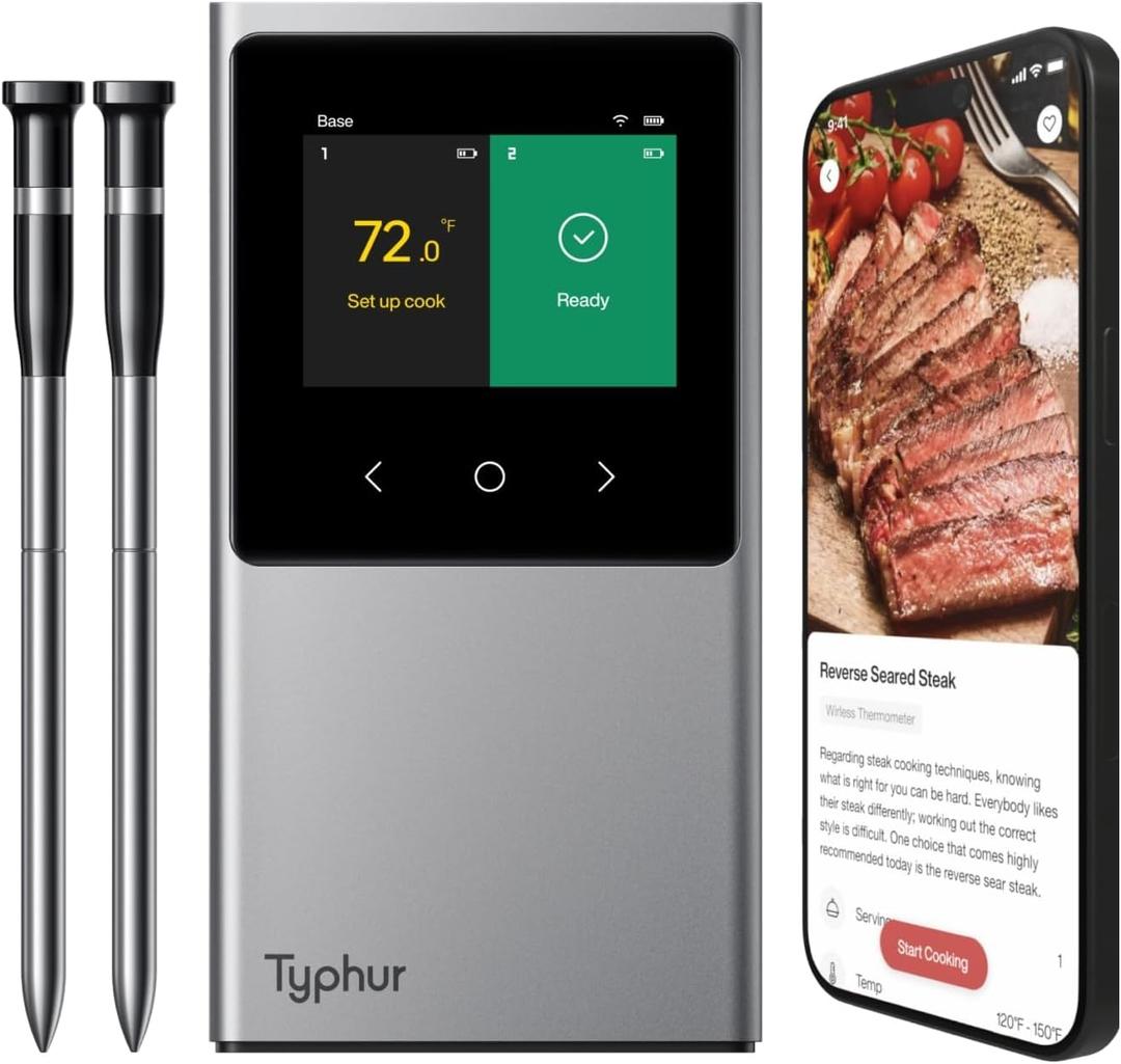 Typhur Sync WiFi Wireless Meat Thermometer Digital, 2 Probes, Smart Base, LCD Display, Unlimited Range, Bluetooth 5.4, Improved Stability, NIST-Certified Accuracy, BBQ, Grill, Smoker, Oven, Kitchen (Gen 1)