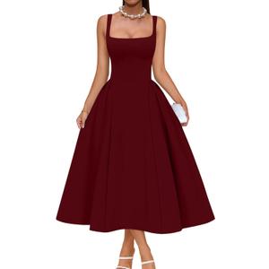 Memoriesea Women's Elegant Square Neck Swing A Line Wedding Evening Party Midi Dress (Burgundy) XXL