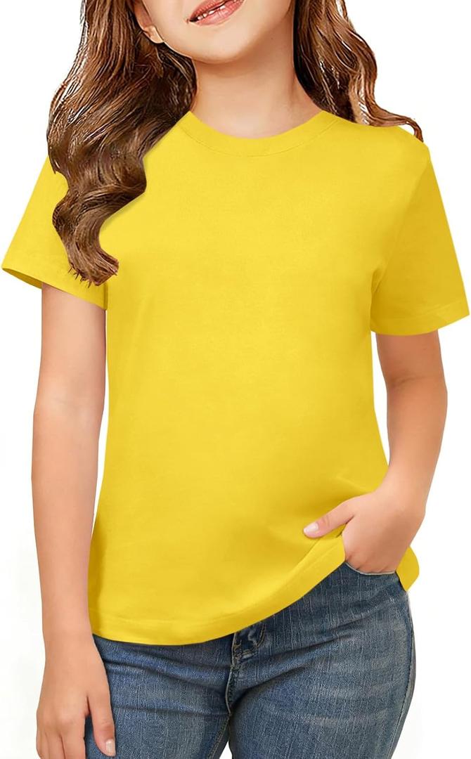 ZDC Girls Short Sleeve Shirts Crewneck T Shirts Kids Summer Tops Basic Tees 5-14 Years (Yellow)
