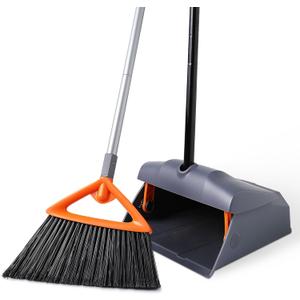 CLEANHOME Heavy Duty Broom with Dustpan Combo Set Indoor and Outdoor Dual Purpose,Stiff Bristle Commercial Angle Broom and Standing Dust Pans with Long Handle for Sweeping Home,Kitchen,Yard,Grey