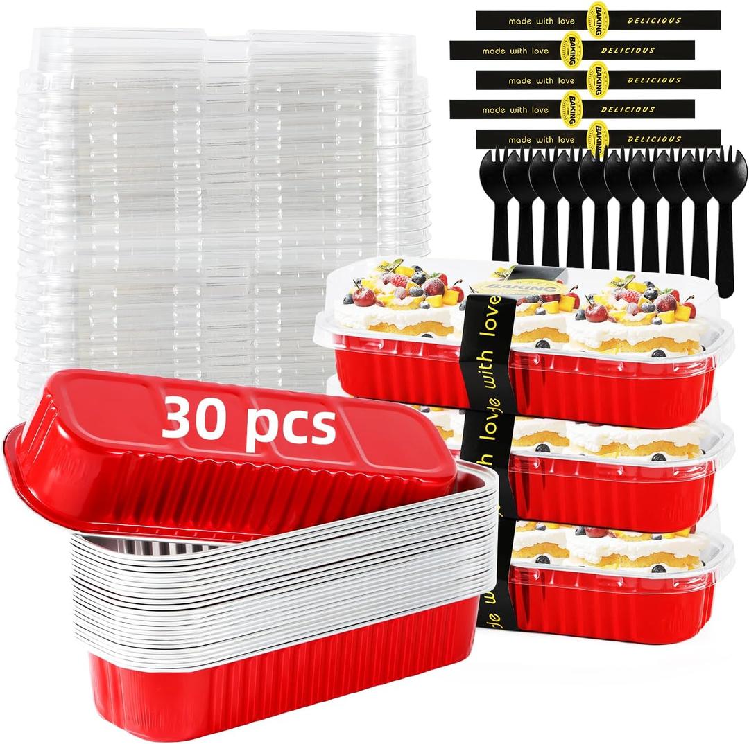 Mini Loaf Pans with Lids and Spoons Sealing Sticker,30 Pcs 6.8oz Cake Pans for Baking Disposable Aluminum Foil Christmas Red cake pan (30 Pack Red)