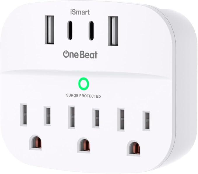 1 Pack Multi Plug Outlet Splitter with USB, Surge Protector Outlet Extender with 3 Wall Outlets 4 USB Wall Charger(2 USB C), 490 Joules, ETL Listed, Small Outlet Adapter Plug Extender for Travel,White