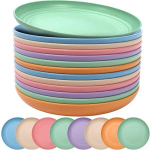 18PCS Wheat Straw Plates,9 Inch Reusable Plastic Plates, Unbreakable Deep Dinner Plates, Dishwasher & Microwave Safe Plates, Lightweight Plates for Kitchen Camping,BPA Free(Multicolor)