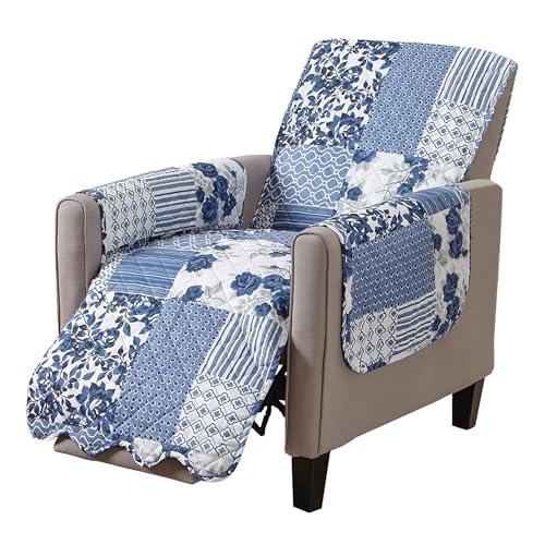 Great Bay Home Reversible Patchwork Recliner Chair Cover - Washable Slipcover Furniture Protector with Elastic Straps - Couch Cover for Dogs, Kids, and Pets - Box-Stitched Detail (Recliner, Navy)
