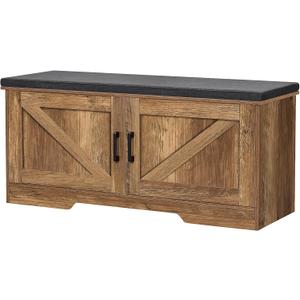 2-Tier Storage Bench, 39.4" Wide Shoe Bench with Padded Seat Cushion, Entryway Bench with 2 Barn Doors and Adjustable Shelf, Rustic Walnut