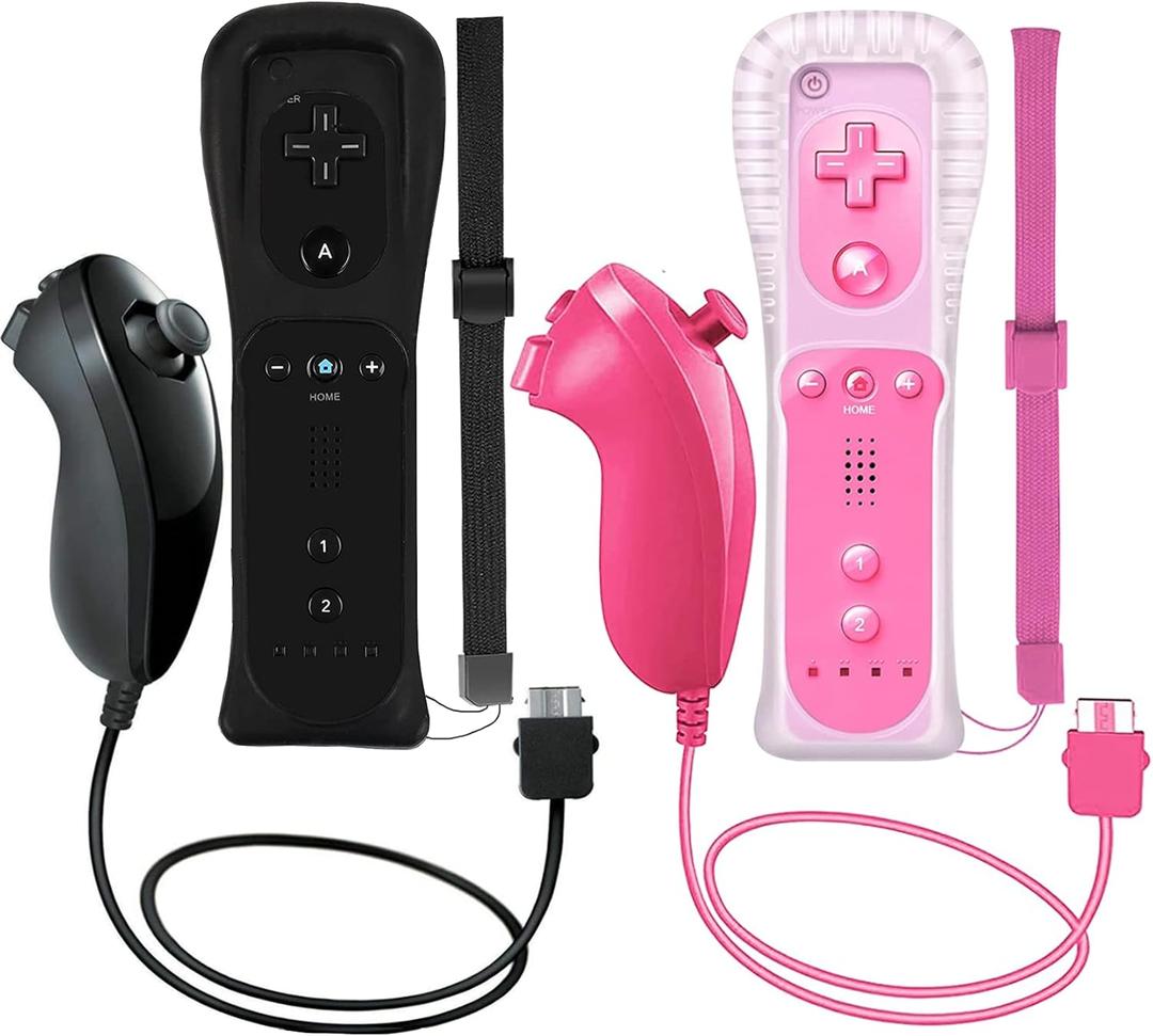 ZeroStory 2 Packs Wireless Controller and Nunchuck for Wii and Wii U Console, Gamepad with Silicone Case and Wrist Strap (Black and Pink)