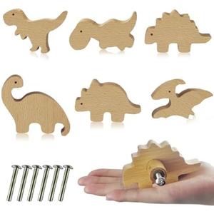 Zaruatu 4 Pcs Wooden Animal Cabinet Knobs with Screws Decorative Wardrobe Knobs Natural Wood Cute Animal Furniture Suitable for Nursery Drawer Handles Decor Cabinets Furniture (Dinosaur)