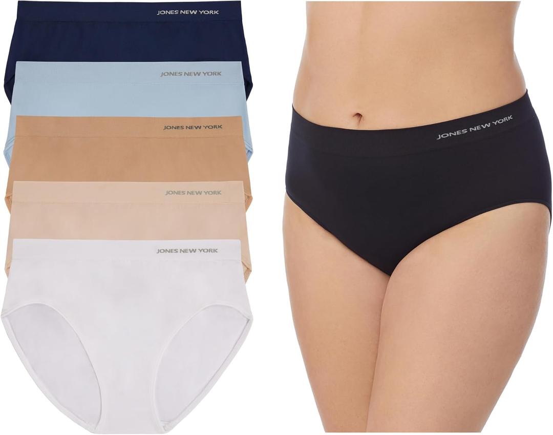 Jones New York Underwear for Women High Cut Brief Full Coverage Seamless Stretch Comfort Panties - 5 Pack Multipack (Large, White/Buff/Dark Nude/Cashmere Blue/Navy)