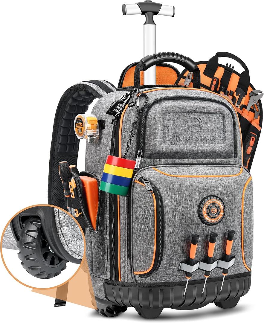 Backpack Tool Bag with Wheel, Rolling Tool Backpack for Electrician Heavy Duty Roller Tool Bag on Wheel for Construction Work, 75 Pockets & Loops Tool Backpack with Molded Base and Lock - Grey