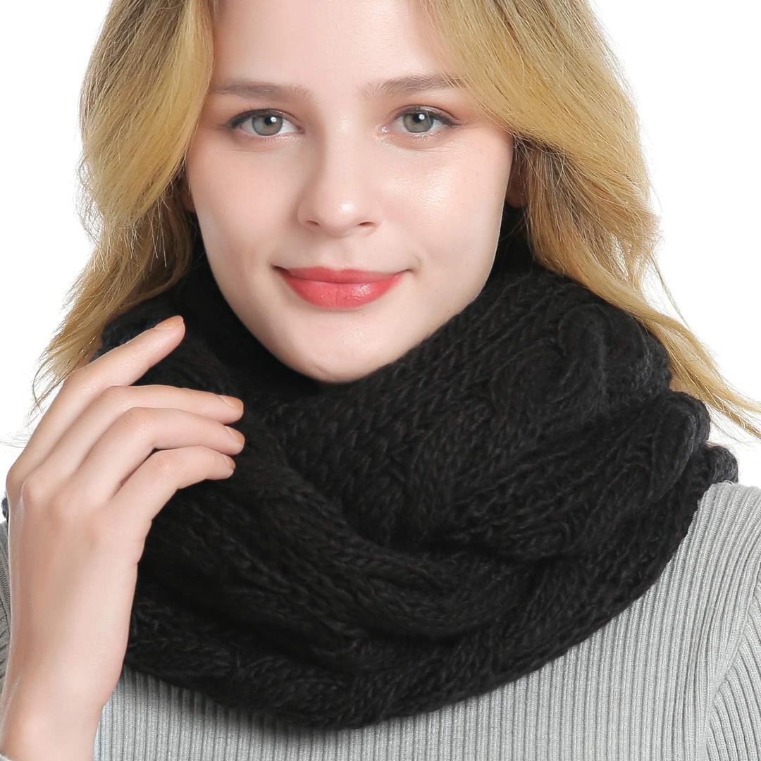 QUEENFUR Winter Women Thick Cable Knit Ribbed Infinity Circle Loop Scarf (Black)