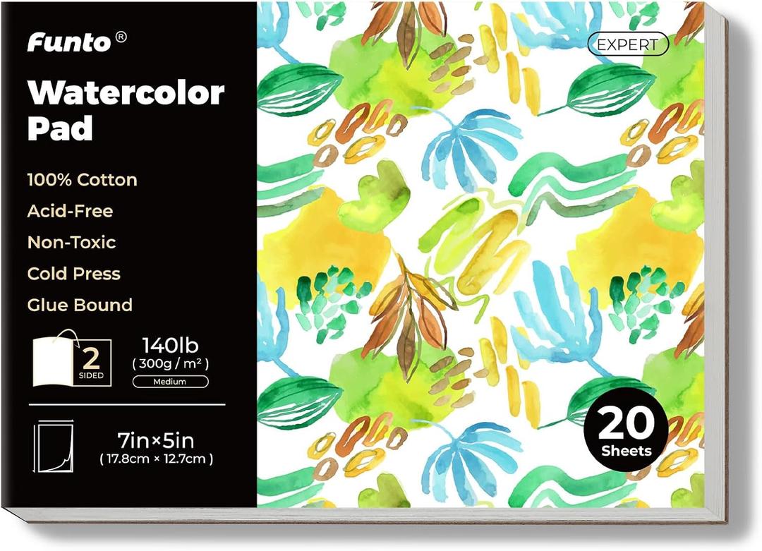 2 x Funto Watercolor Pads, 100% Cotton, 20 Sheets, 7X 5, 140lb/300gsm, Glue Bound, Double-Sided, Easy Tear Heavyweight Art Paper for Painting