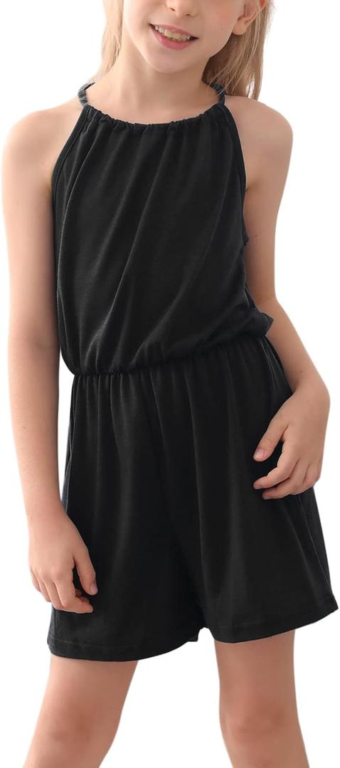 GORLYA Girls Jumpsuit Sleeveless Halter Neck Casual Short Rompers Outfits for 4-14T (10 Years, Black)