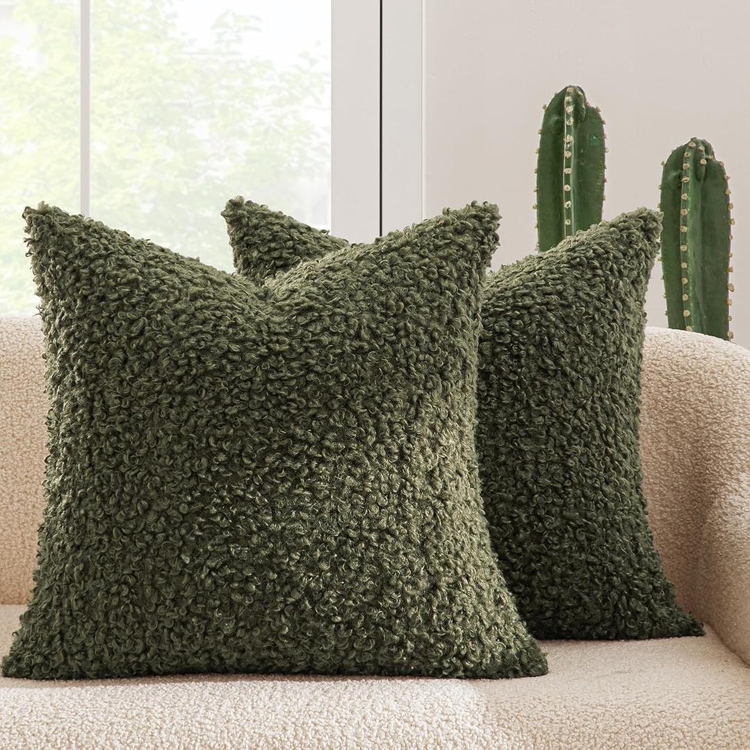 MIULEE Pack of 2 Throw Pillow Covers 18x18 Inch Olive Green Faux Fur Decorative Sherpa Pillow Covers Fuzzy Accent Soft Sheepskin Fleece Cushion Cases for Boho Home Decor Couch Living Room Bed