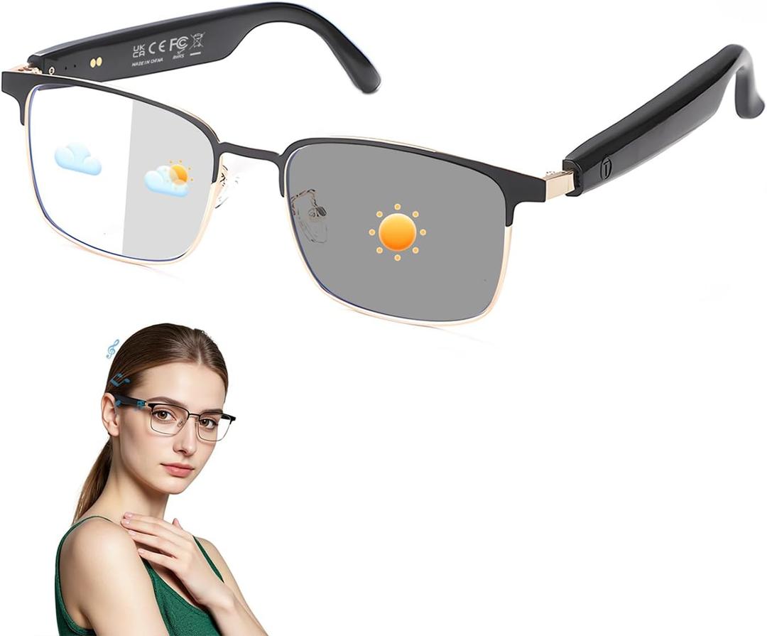 Smart Glasses for Men & Women, Photochromic Lenses, Bluetooth Audio Glasses with Open-Ear Wireless Speakers, Hands-Free Music & Calls, Voice Control, Smart Sunglasses for Work, Driving,Travel (Gold)