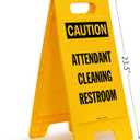 SmartSign 25 x 12 inch Caution - Attendant Cleaning Restroom Two-Sided Folding Floor Sign with Falling Symbol, Portable and Lightweight A-Frame, Easy Grip Handle, Plastic, Black and Yellow