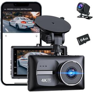 4K Car Cameras Dash Cam Front and Rear, 4K+1080P Dual Dash Camera for Cars with 64GB Card, 24H Parking Monitor,170Wide Angle Mini Car Camera, 3 IPS Screen, WDR Night Vision, G-Sensor, Parking Mode