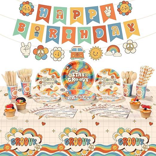 Ctosree 173 Pcs Groovy Party Supplies Include Hippie Boho Tablecloth Groovy Birthday Banner Daisy Hippie Paper Plates Cups Napkins Tableware Set for Retro Boho Birthday Party Decorations