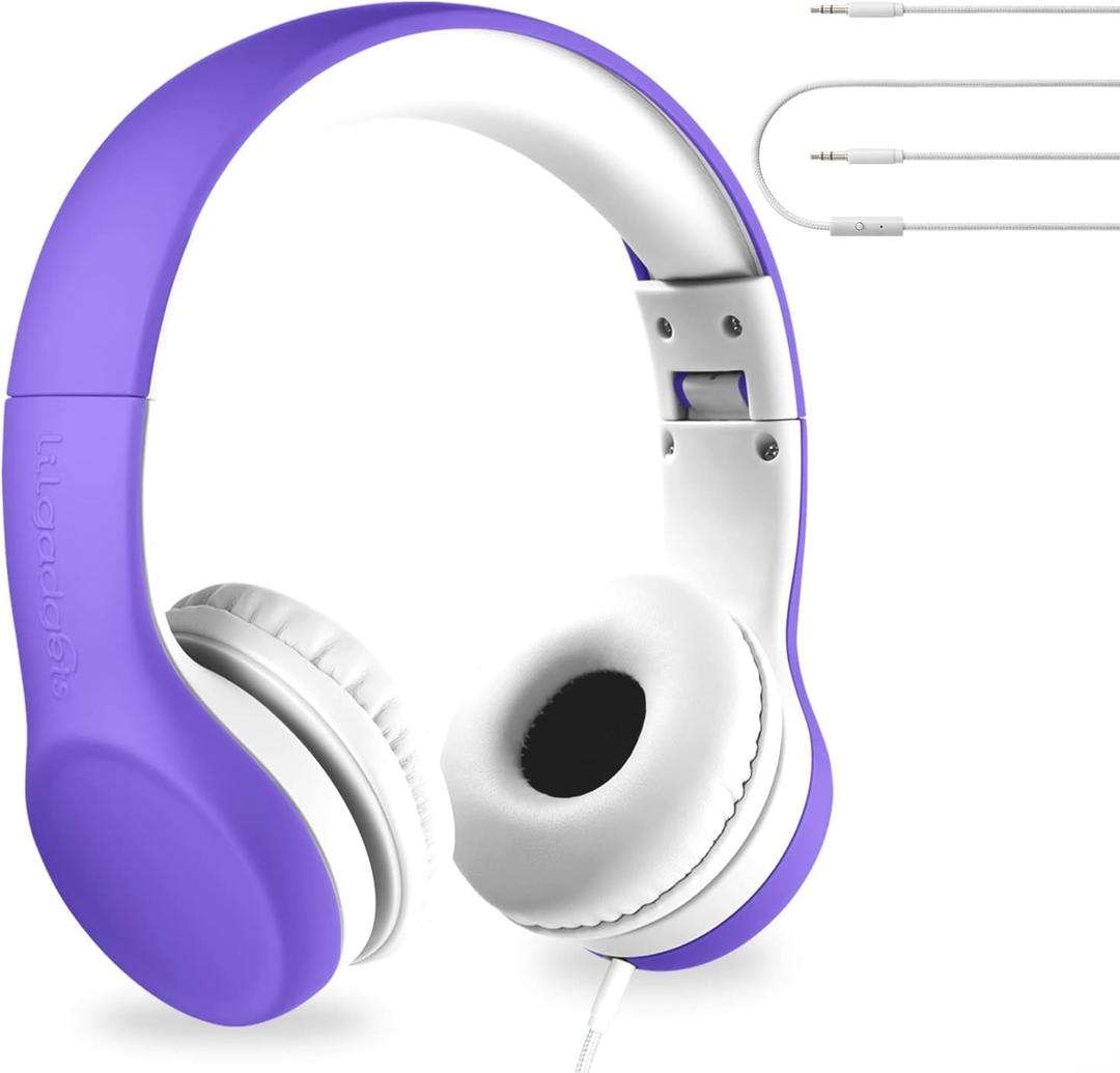 LilGadgets Kids Headphones for School - Purple, Ages 3-7 - Foldable On-Ear Wired Headphones with Cord - Volume Limiting 93dB & Noise Reduction - Built-in Mic & SharePort Audio Sharing